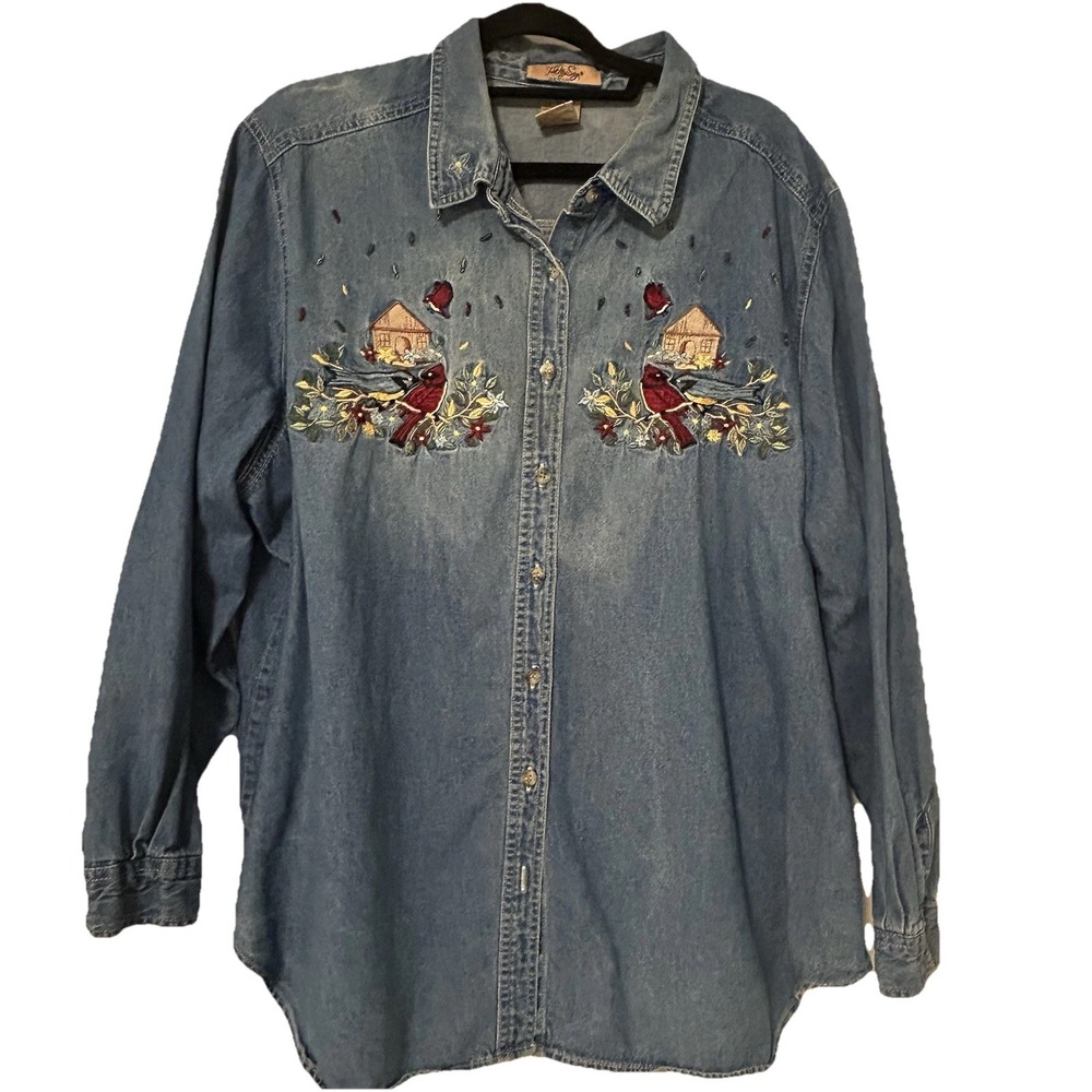 Denim Button UP Shirt Women'sSz22 W/24 W Embroidered Cardinal Birds Grandma Core